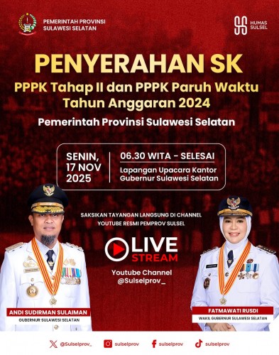 Pemprov Sulsel akan Lantik PPPK di Lapangan Upacara Kantor Gubernur Sulsel 